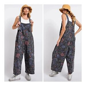 Easel Los Angeles Medium Vintage Black Washed Floral Overalls Jumpsuit
